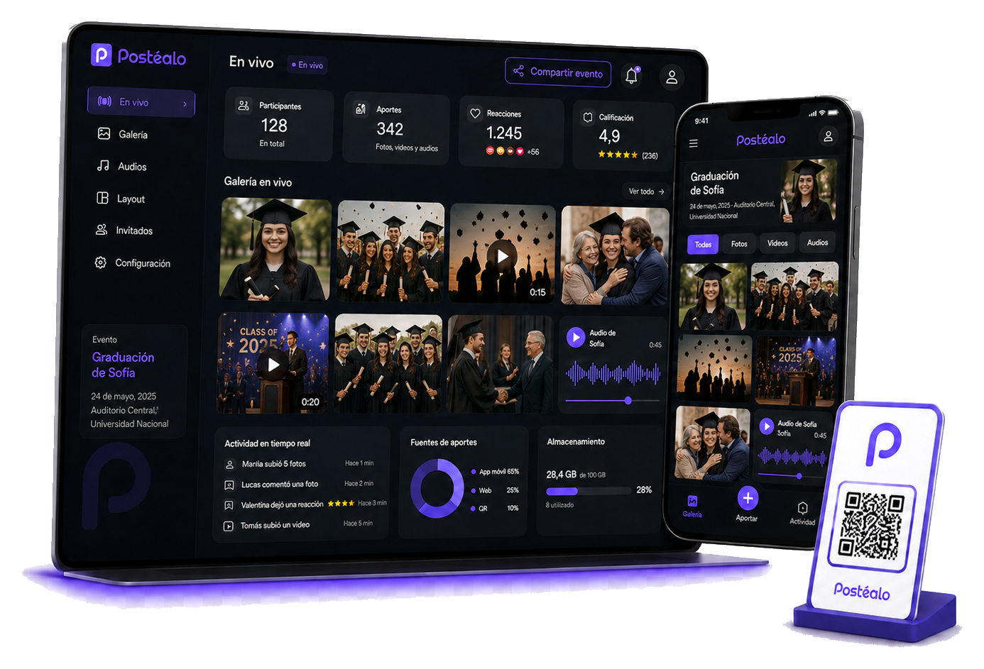 Dashboard de graduación, galería móvil, QR y pantalla de Postealo