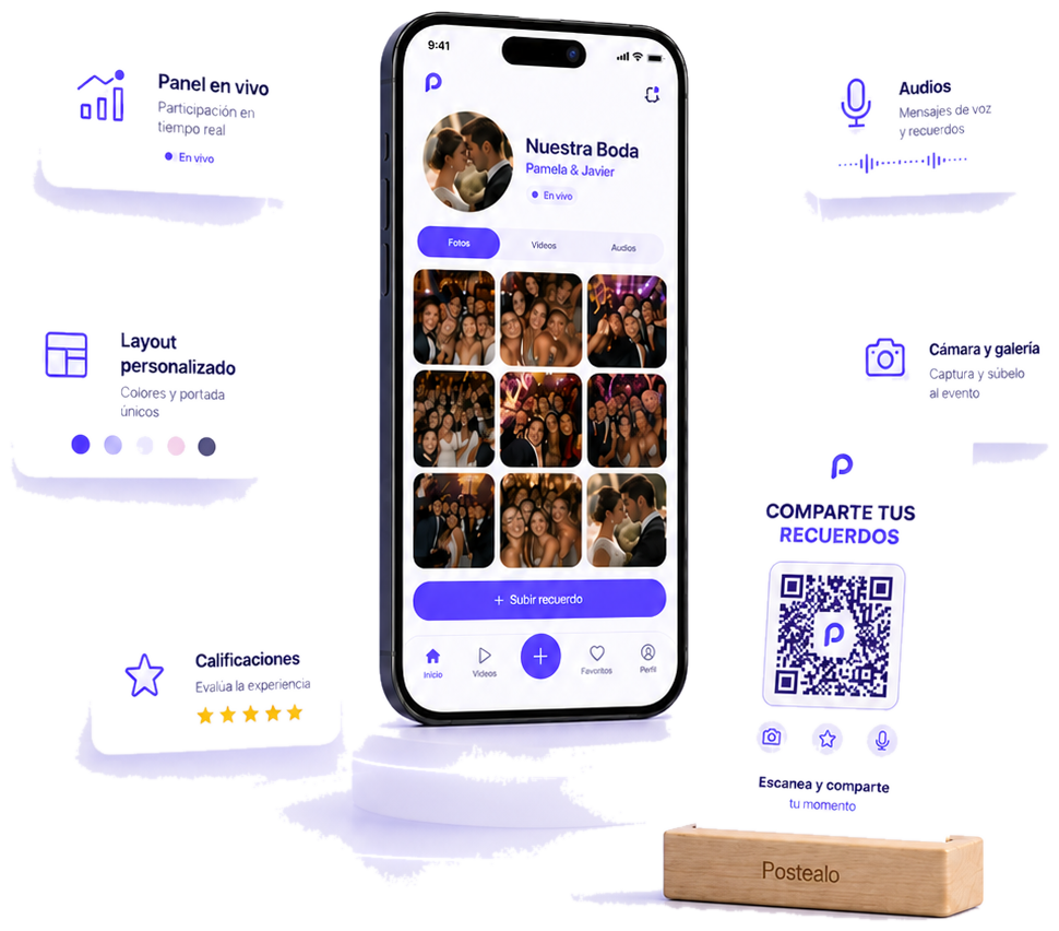 Mockup de Postéalo con celular, stand QR y tarjetas de funciones